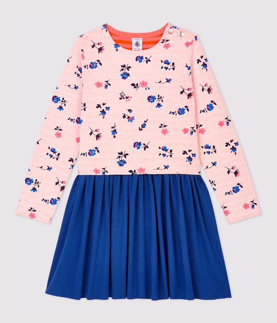 Girls' Long-Sleeved Cotton and Tube Knit Dress MARSHMALLOW white/MULTICO white
