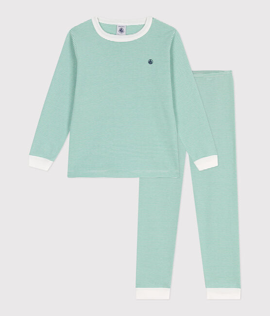 Children's stripy cotton pyjamas ALOEVERA green/MARSHMALLOW white