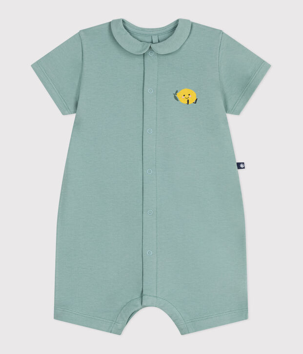 Babies' short cotton playsuit with a Peter Pan collar green
