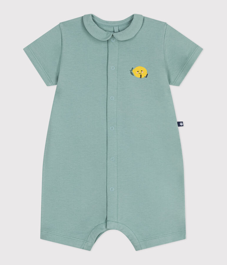 Babies' short cotton playsuit with a Peter Pan collar green