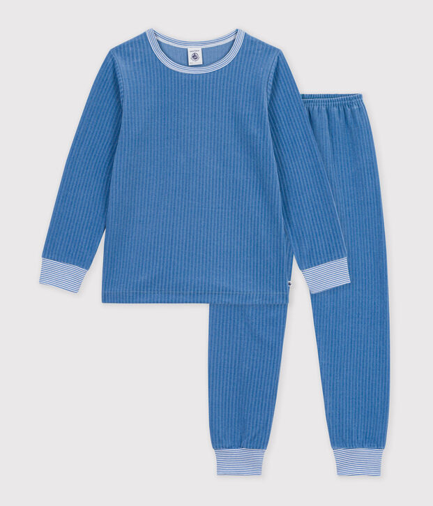 Children's plain ribbed velour pyjamas blue