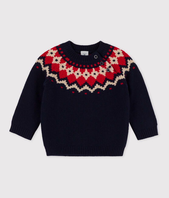 Babies' Wool/Cotton Jacquard Knitted Pullover SMOKING blue/MULTICO white