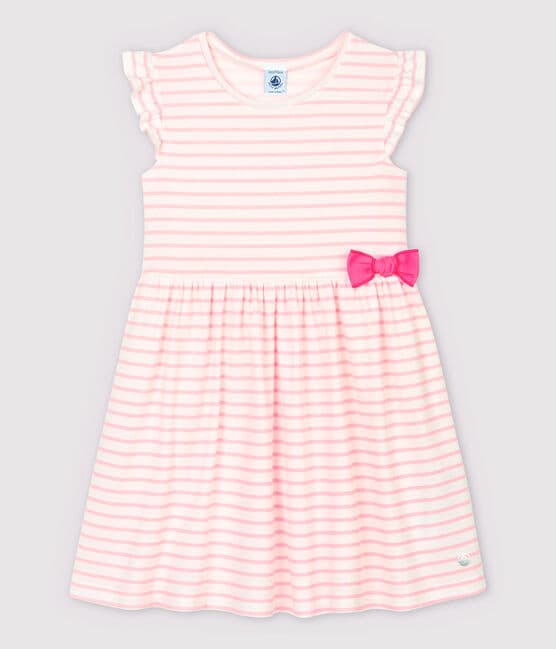 Girls' Short-Sleeved Cotton Dress MARSHMALLOW white/MINOIS pink