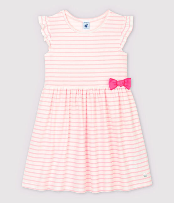 Girls' Short-Sleeved Cotton Dress MARSHMALLOW white/MINOIS pink