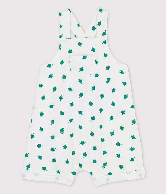 Babies' Organic Fleece Plant Print Dungaree Shorts MARSHMALLOW white/GAZON green