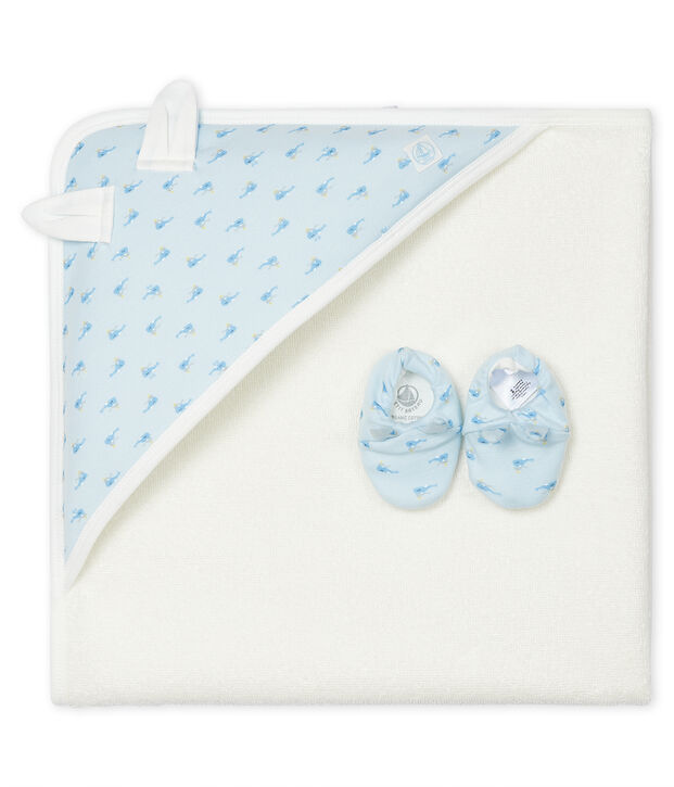 Babies' Square Bath Towel and Bootees Set in Terry and Rib Knit blue/multicolor