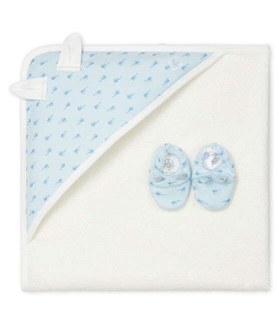 Babies' Square Bath Towel and Bootees Set in Terry and Rib Knit FRAICHEUR blue/MULTICO white