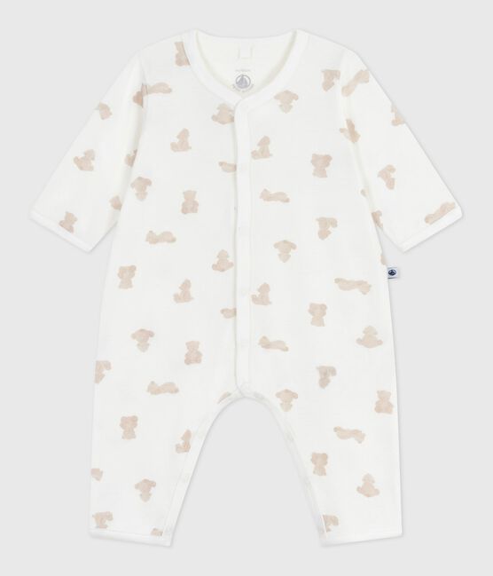 Babies' footless bear-print cotton pyjama suit MARSHMALLOW /BRUN