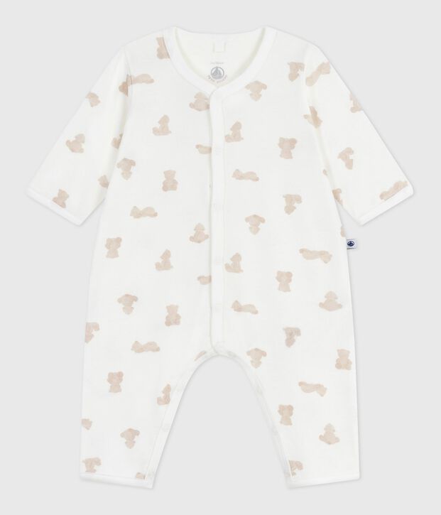 Babies' footless bear-print cotton pyjama suit white/BRUN