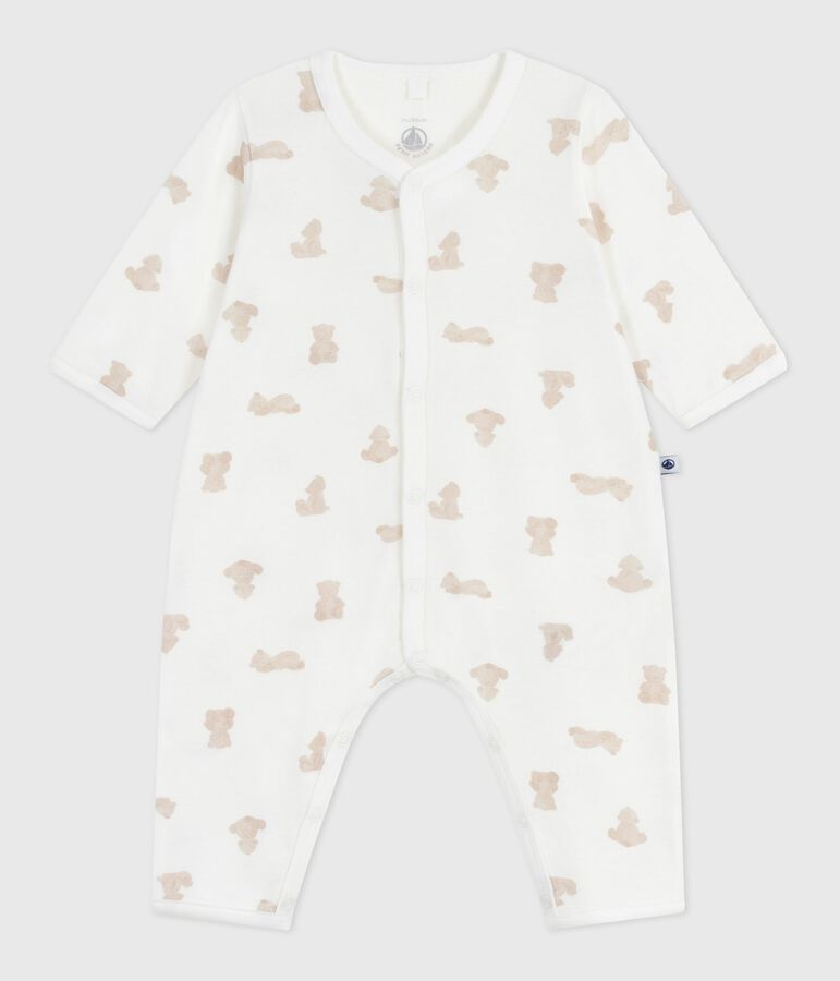 Babies' footless bear-print cotton pyjama suit white/BRUN