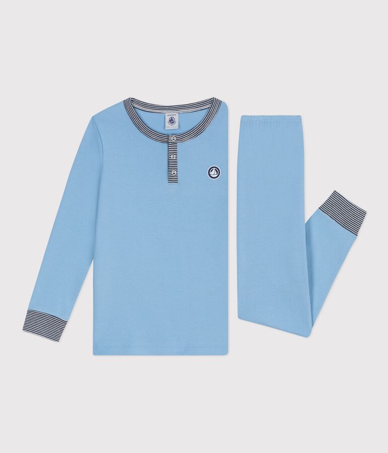 Children's plain cotton pyjamas with a grandad neckline blue