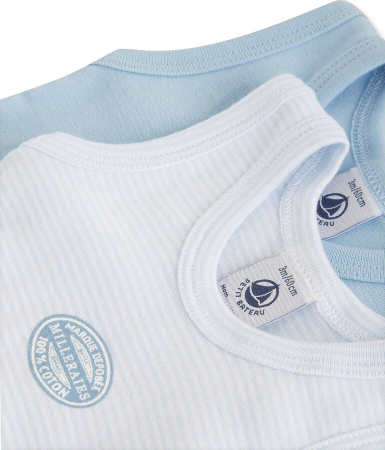 Pack of 2 baby boy plain/milleraies striped sleeveless bodysuits . set