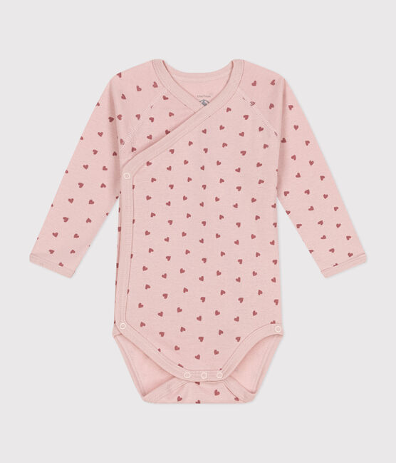 Babies' long-sleeved wrapover cotton bodysuit SALINE pink/ROSEWOOD