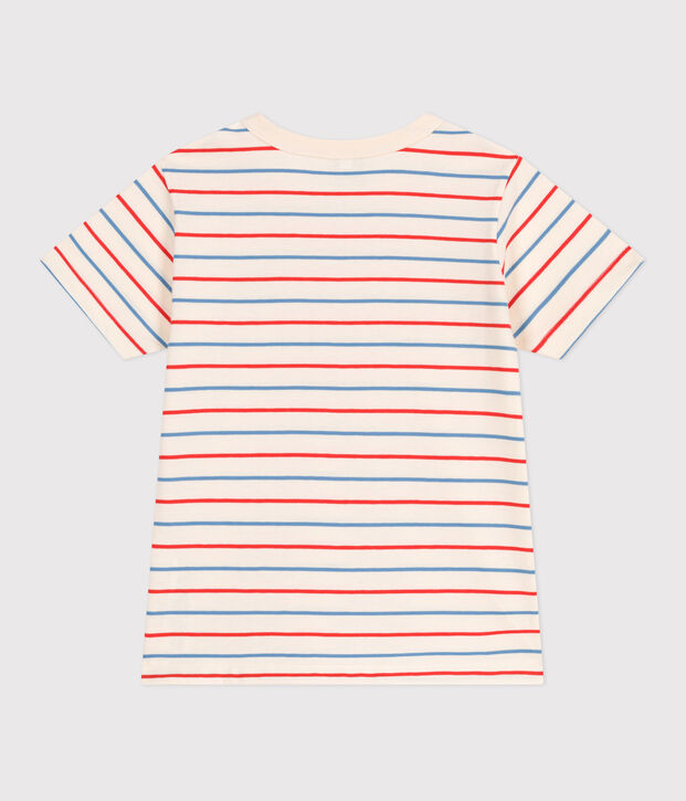 Children's short-sleeved cotton T-shirt with stripes and a heart Ecru/multicolor