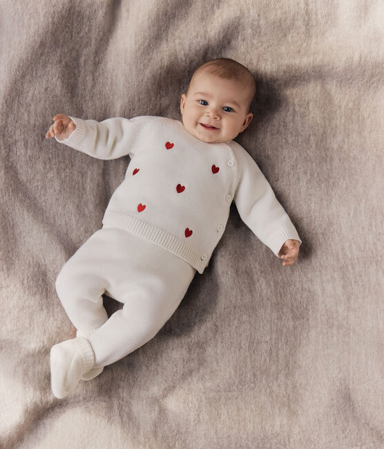 Babies' two-piece knitted outfit with embroidered hearts MARSHMALLOW red/POMPEI