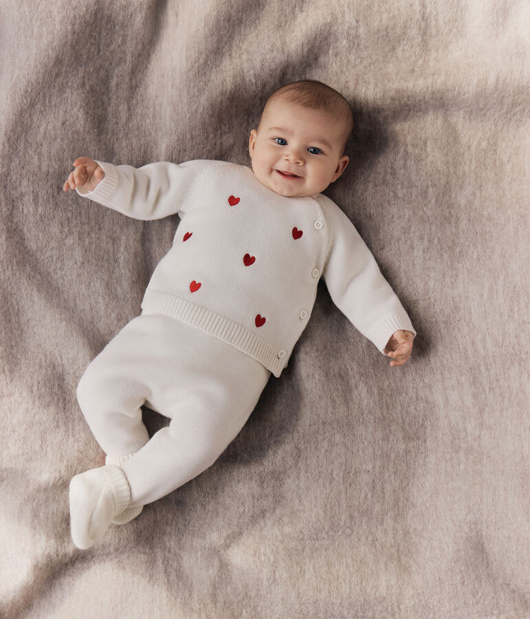 Babies' two-piece knitted outfit with embroidered hearts red/red