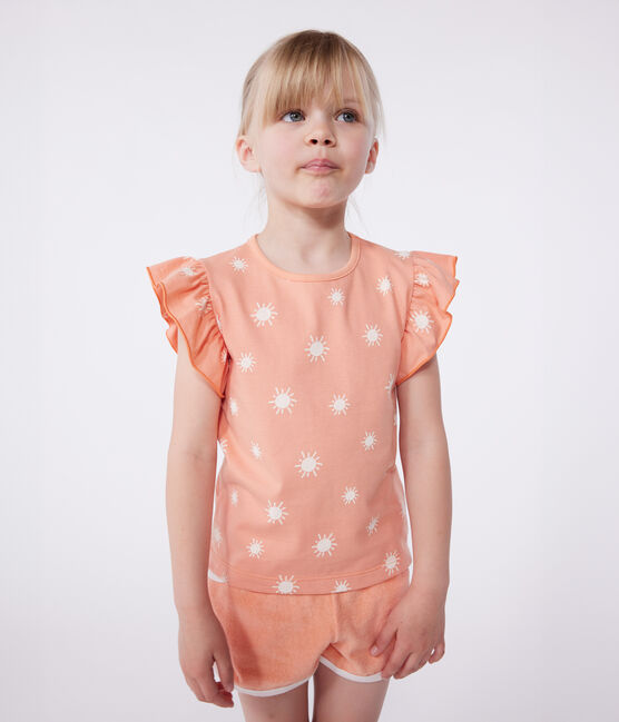 Children's printed short-sleeved cotton T-shirt ABRICOT orange/MARSHMALLOW