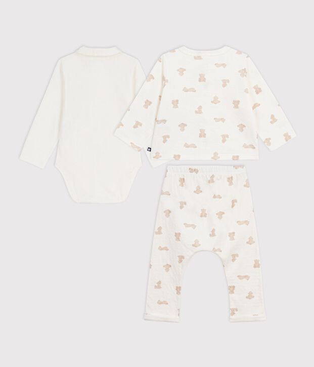 Babies' long two-piece teddy bear print set in cotton white/BRUN