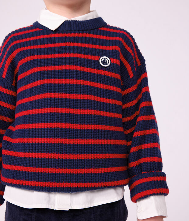Children's stripy jumper in wool and cotton blue/red
