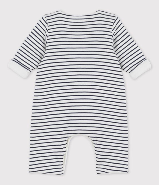 Babies' Striped Organic Cotton Long Playsuit MARSHMALLOW white/SMOKING blue