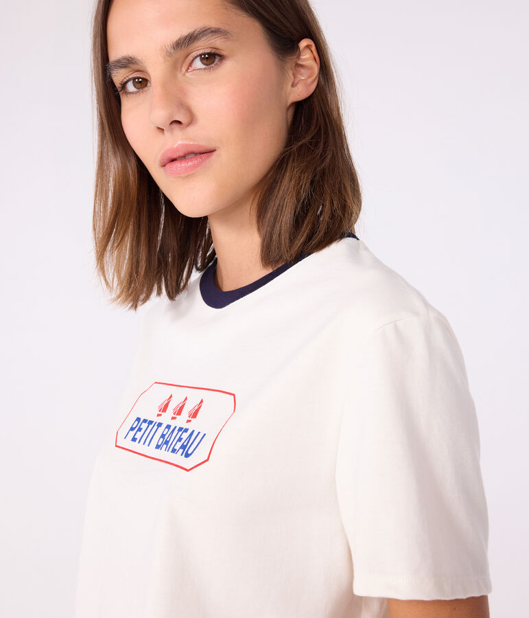 The Straight short-sleeved cotton T-shirt for women Ecru/blue