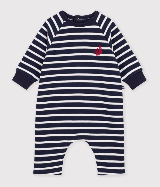 Babies' long stripy cotton jumpsuit blue/white