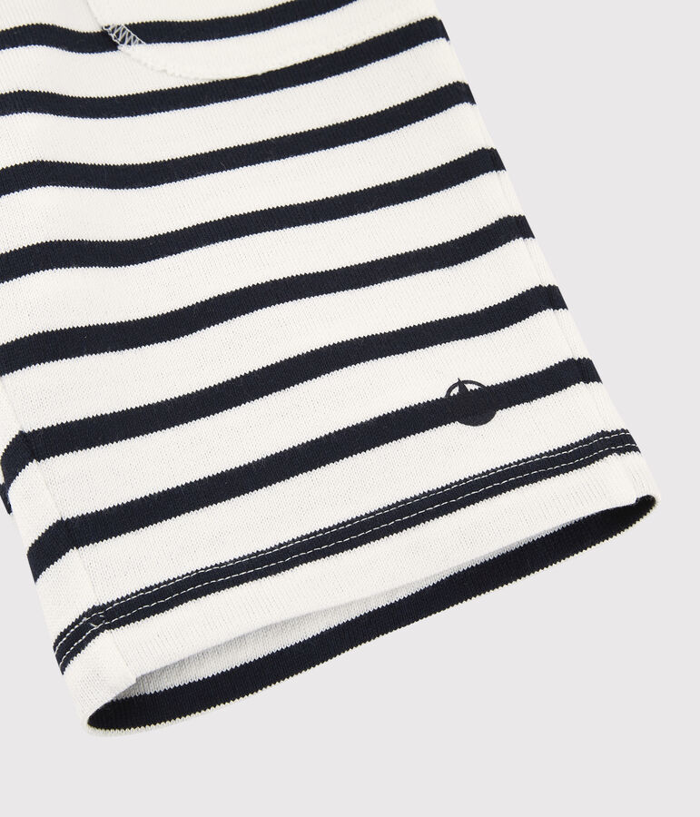 Boys' Thick Stripy Cotton Bermuda Shorts MARSHMALLOW white/SMOKING blue