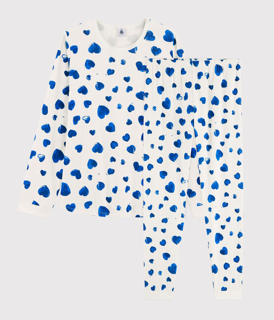 Girls' or Women's Heart Print Ribbed Pyjamas MARSHMALLOW white/BLEU blue