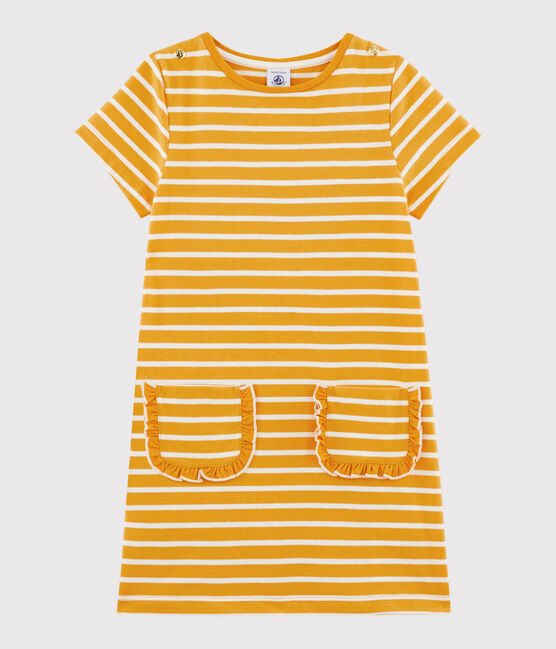 Girls' Short-Sleeved Dress BOUDOR yellow/MARSHMALLOW white
