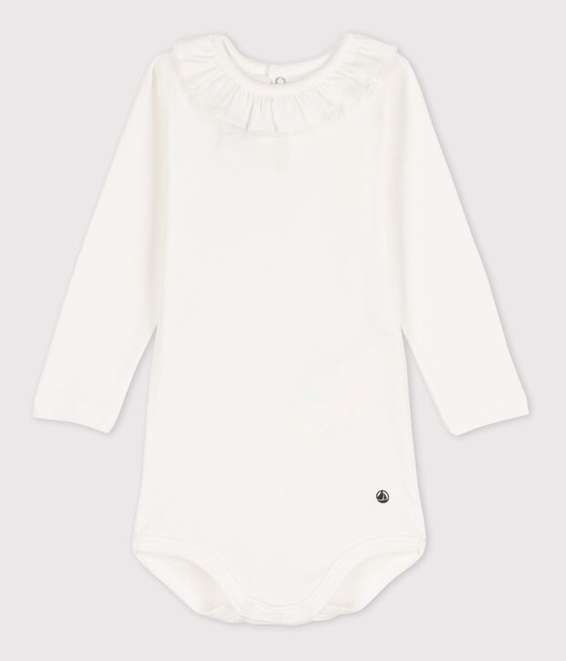 Babies' Long-Sleeved Cotton Bodysuit With Ruffle Collar white