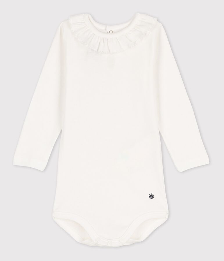 Babies' Long-Sleeved Cotton Bodysuit With Ruffle Collar white
