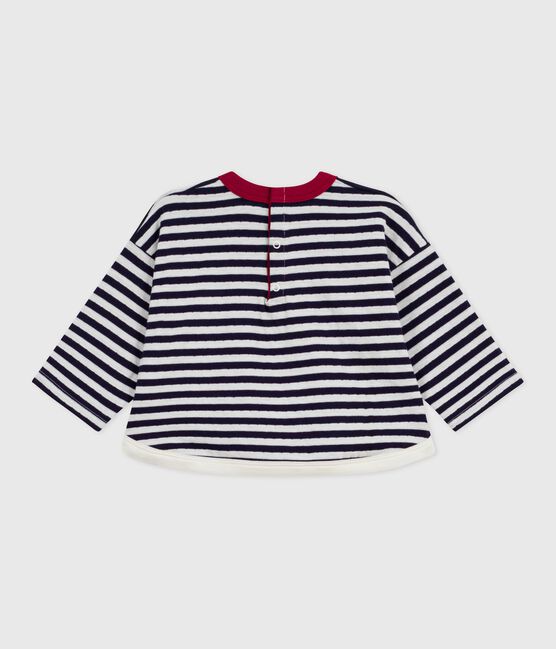 Babies' long-sleeved stripy cotton T-Shirt SOIR blue/MILK