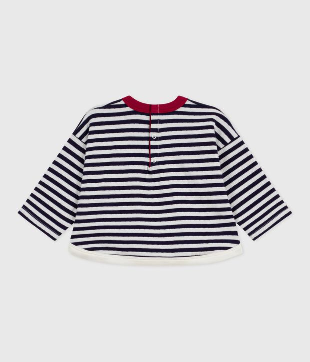 Babies' long-sleeved stripy cotton T-Shirt blue/ecru
