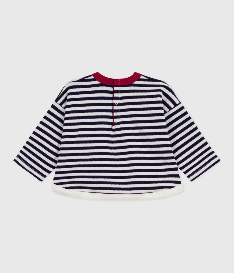 Babies' long-sleeved stripy cotton T-Shirt blue/ecru