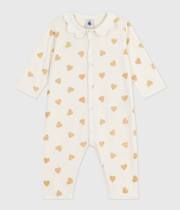 Baby cotton pajamas without feet with gold glitter heart print Ecru/yellow