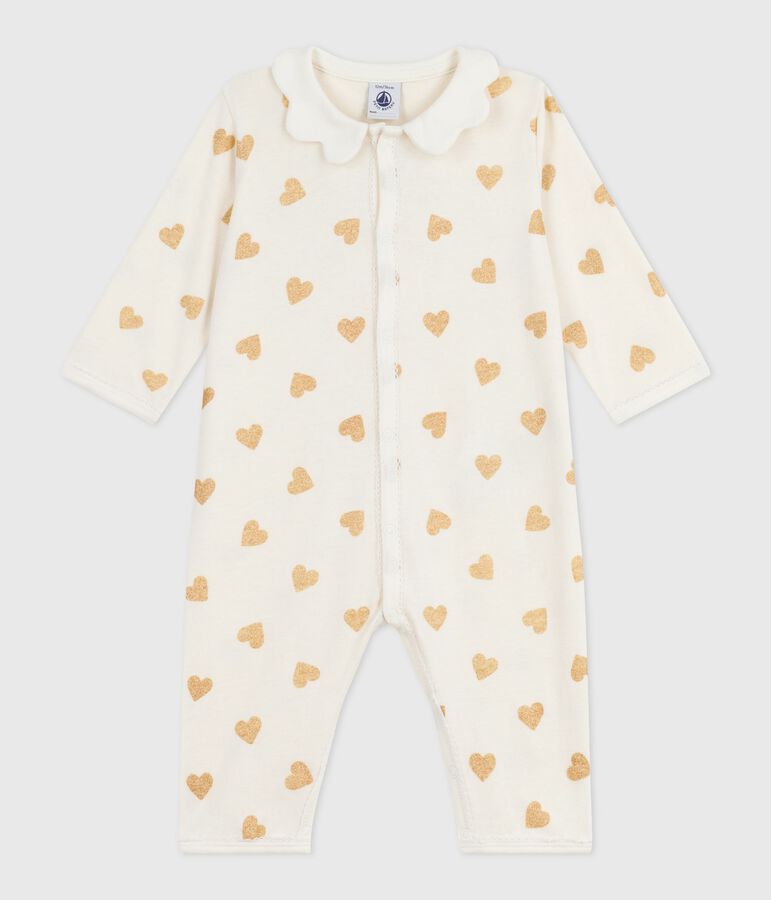 Baby cotton pajamas without feet with gold glitter heart print Ecru/yellow