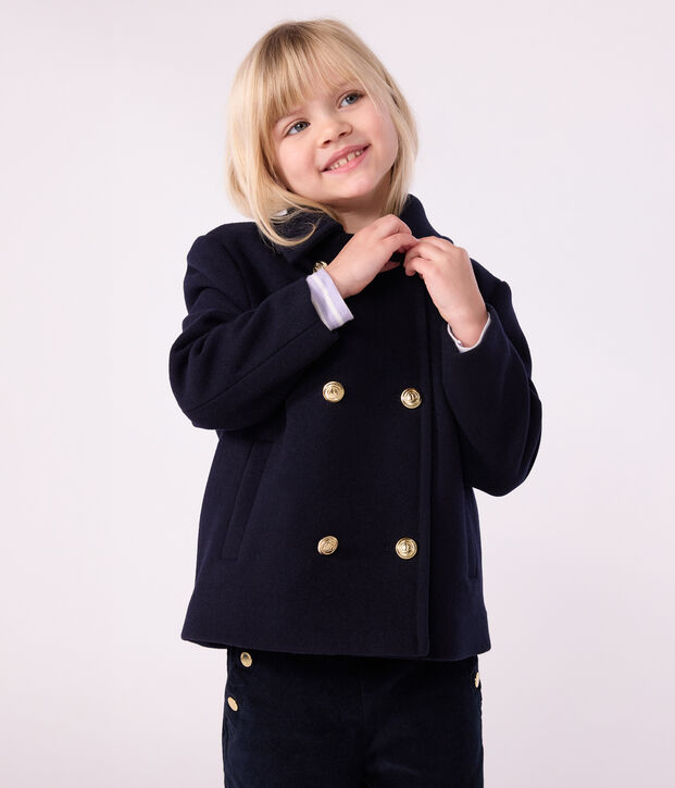 Children's coat in plain woollen broadcloth blue