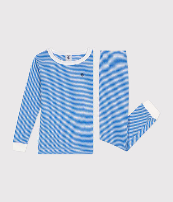 Children's Fitted Stripy Cotton Pyjamas DELPHINIUM /MARSHMALLOW