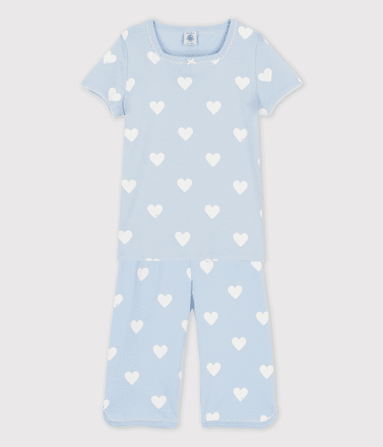 Girls' Blue Heart Pattern Organic Cotton Short Pyjamas JASMIN blue/MARSHMALLOW white