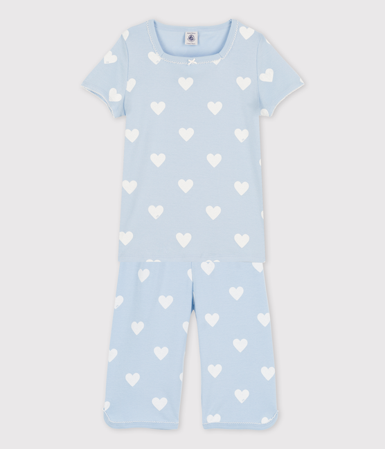 Girls' Blue Heart Pattern Organic Cotton Short Pyjamas JASMIN blue/MARSHMALLOW white