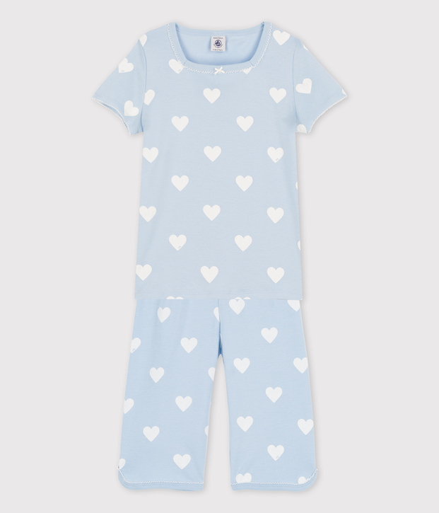 Girls' Blue Heart Pattern Organic Cotton Short Pyjamas blue/white