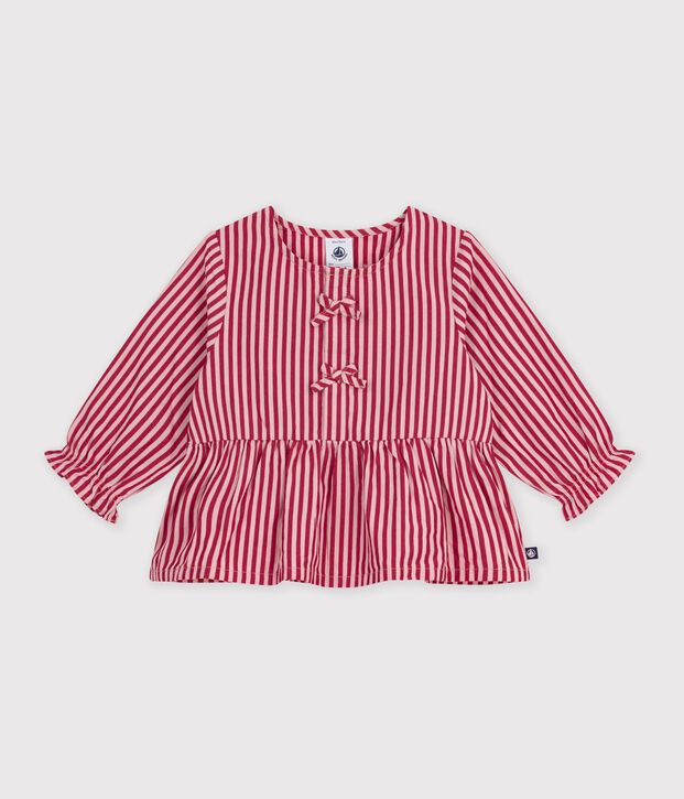 Babies' long-sleeved stripy cotton blouse pink/pink