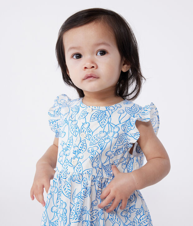 Babies' cotton dress and bloomers with a blue cherry print blue/blue