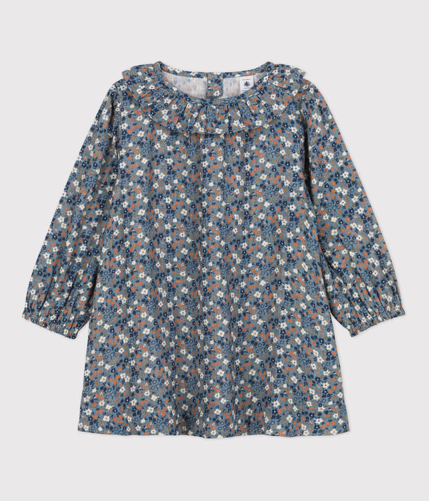 Girls' Long-Sleeved Floral Cotton Gauze Dress blue/multicolor