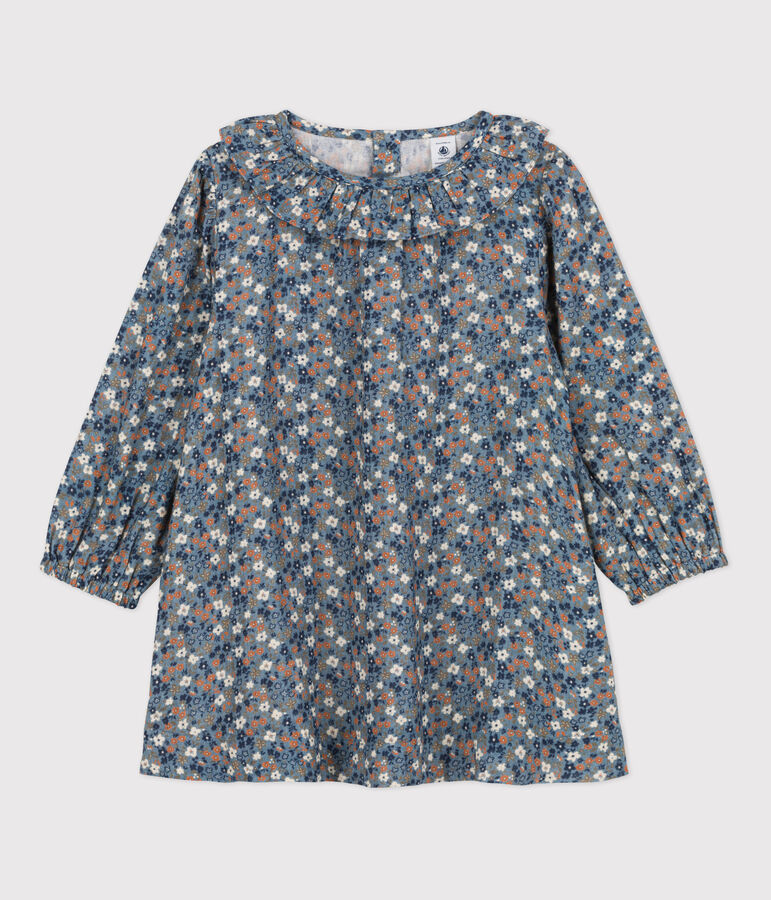Girls' Long-Sleeved Floral Cotton Gauze Dress blue/multicolor