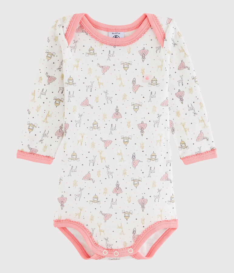 Baby Girls' Long-Sleeved Bodysuit MARSHMALLOW white/GRETEL pink