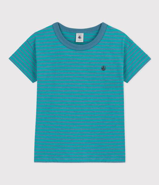 Boys' Striped Cotton T-Shirt LAVIS green/VERDE blue