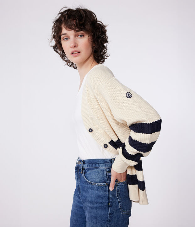 Women's stripy cotton cardigan Ecru/blue