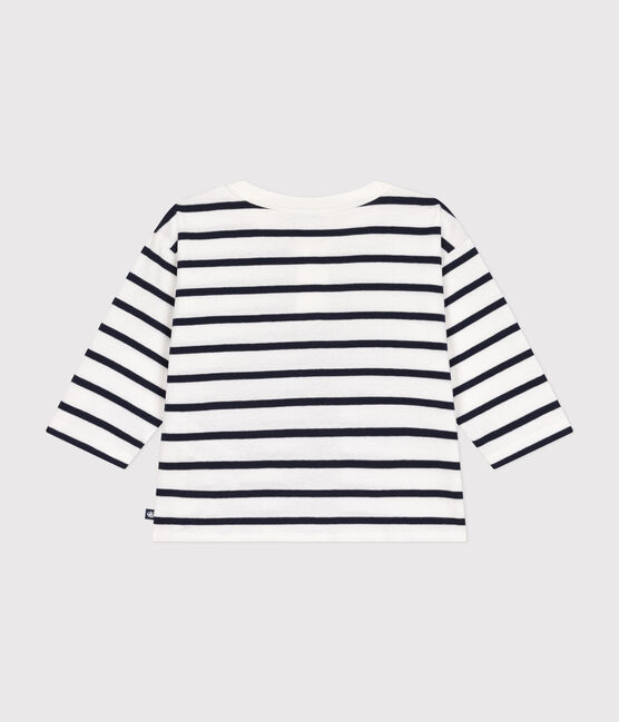 Babies' long-sleeved cotton T-Shirt MARSHMALLOW white/SMOKING blue
