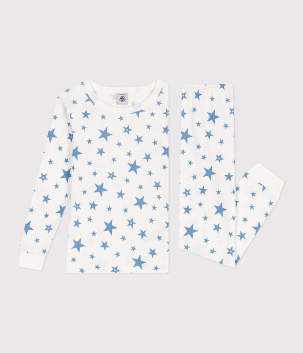 Very fitted children's pajamas in printed cotton white/blue